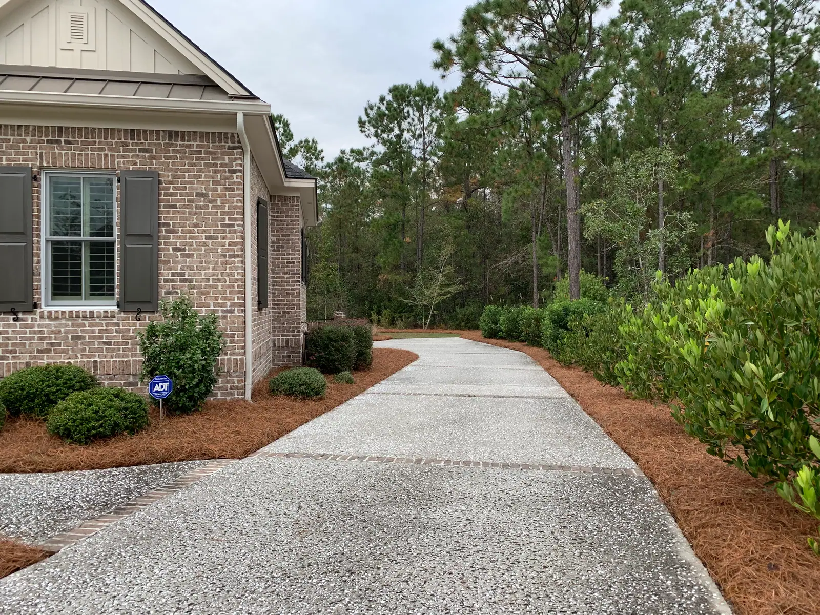Fresh longleaf pinestraw lining a driveway beside a brick home